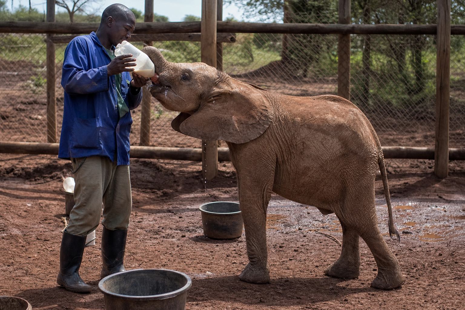 Underweight elephant calf bottle-fed in a muddy sanctuary boma