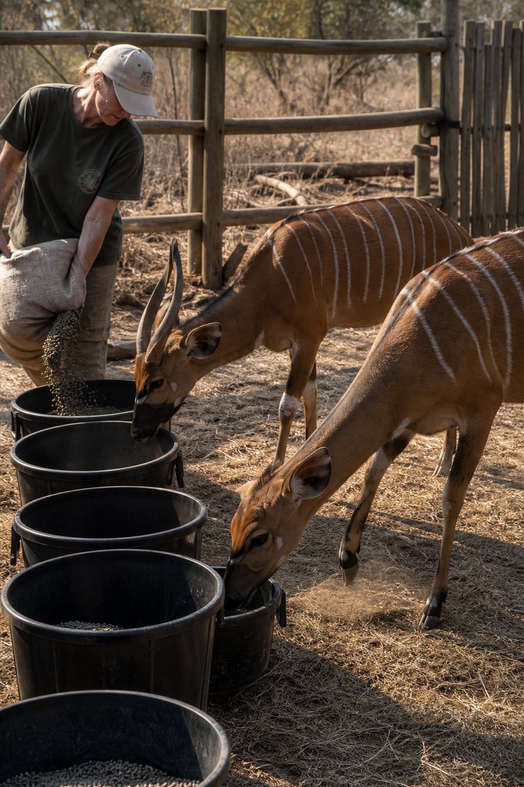 Rescued nyala eating from buckets during a sanctuary feeding round