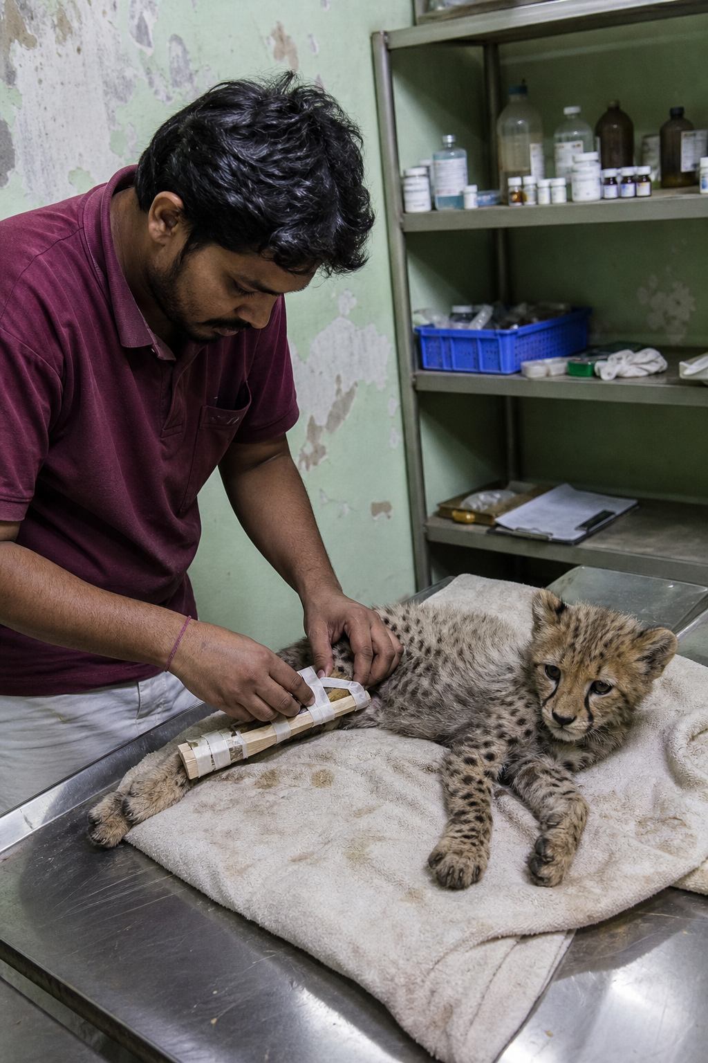 Cheetah cub with a homemade leg splint during a clinic exam